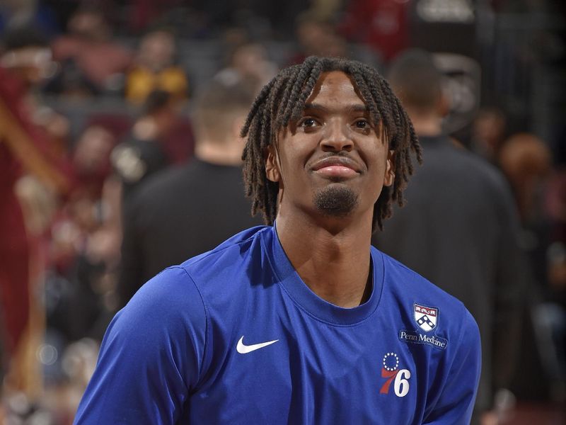 CLEVELAND, OH - MARCH 29: Tyrese Maxey #0 of the Philadelphia 76ers warms up before the game against the Cleveland Cavaliers on March 29, 2024 at Rocket Mortgage FieldHouse in Cleveland, Ohio. NOTE TO USER: User expressly acknowledges and agrees that, by downloading and/or using this Photograph, user is consenting to the terms and conditions of the Getty Images License Agreement. Mandatory Copyright Notice: Copyright 2024 NBAE (Photo by David Liam Kyle/NBAE via Getty Images)