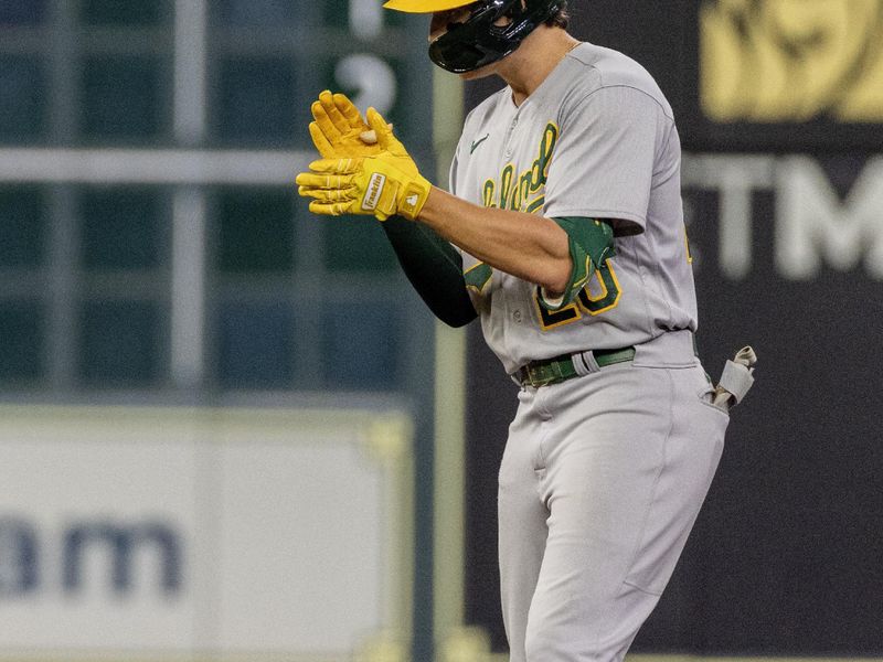 Sep 12, 2023; Houston, Texas, USA;Oakland Athletics second baseman Zack Gelof (20) reacts to his double against the Houston Astros in the third inning at Minute Maid Park. Mandatory Credit: Thomas Shea-USA TODAY Sports