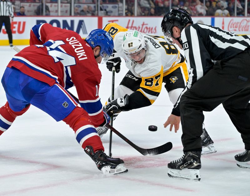 Oct 14, 2024; Montreal, Quebec, CAN; linesman Jonathan Deschamps (80) drops the puck for a faceoff between Montreal Canadiens forward Nick Suzuki (14) and Pittsburgh Penguins forward Sidney Crosby (87) during the first period at the Bell Centre. Mandatory Credit: Eric Bolte-Imagn Images