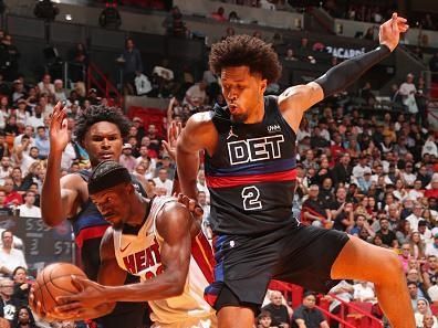 MIAMI, FL - OCTOBER 25: Jimmy Butler #22 of the Miami Heat rebounds during the game against the Detroit Pistons on October 25, 2023 at Kaseya Center in Miami, Florida. NOTE TO USER: User expressly acknowledges and agrees that, by downloading and or using this Photograph, user is consenting to the terms and conditions of the Getty Images License Agreement. Mandatory Copyright Notice: Copyright 2023 NBAE (Photo by Issac Baldizon/NBAE via Getty Images)