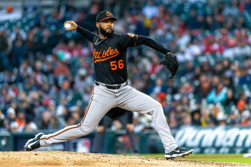 Apr 26, 2025; Detroit, Michigan, USA; Baltimore Orioles pitcher Seranthony Domínguez (56) delivers in the sixth inning during game two of a double header against the Detroit Tigers at Comerica Park. Mandatory Credit: David Reginek-Imagn Images
