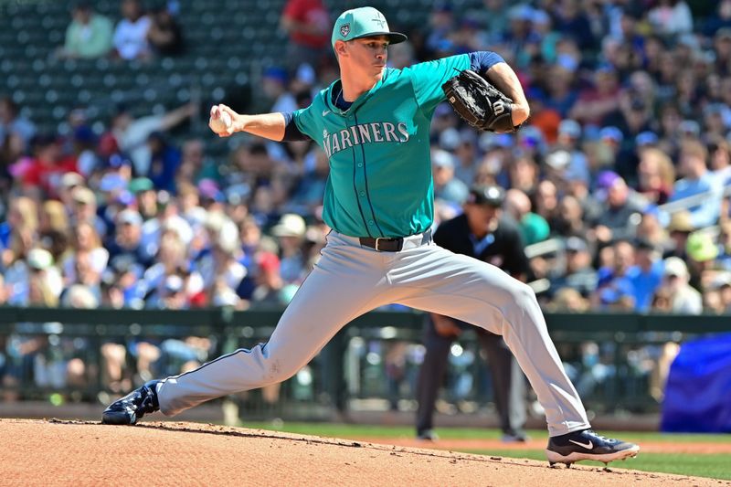 Mar 8, 2024; Mesa, Arizona, USA;  Seattle Mariners starting pitcher Emerson Hancock (62) throws in the first inning against the Chicago Cubs during a spring training game at Sloan Park. Mandatory Credit: Matt Kartozian-USA TODAY Sports