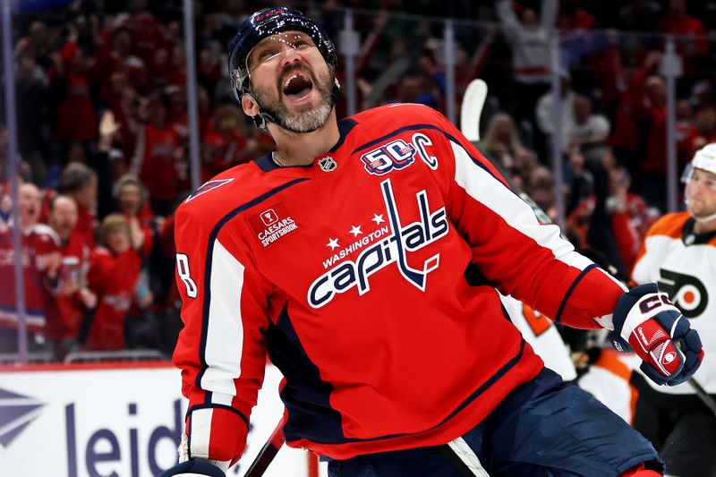 Mar 20, 2025; Washington, District of Columbia, USA; Washington Capitals left wing Alex Ovechkin (8) celebrates after scoring a goal during the first period against the Philadelphia Flyers at Capital One Arena. Mandatory Credit: Daniel Kucin Jr.-Imagn Images