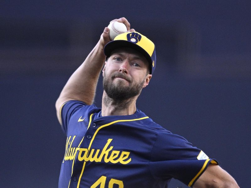 Jun 21, 2024; San Diego, California, USA; Milwaukee Brewers starting pitcher Colin Rea (48) pitches against the San Diego Padres during the first inning at Petco Park. Mandatory Credit: Orlando Ramirez-USA TODAY Sports