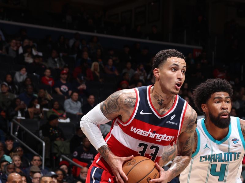 WASHINGTON, DC -? MARCH 8:  Kyle Kuzma #33 of the Washington Wizards goes to the basket during the game on March 8, 2024 at Capital One Arena in Washington, DC. NOTE TO USER: User expressly acknowledges and agrees that, by downloading and or using this Photograph, user is consenting to the terms and conditions of the Getty Images License Agreement. Mandatory Copyright Notice: Copyright 2024 NBAE (Photo by Stephen Gosling/NBAE via Getty Images)