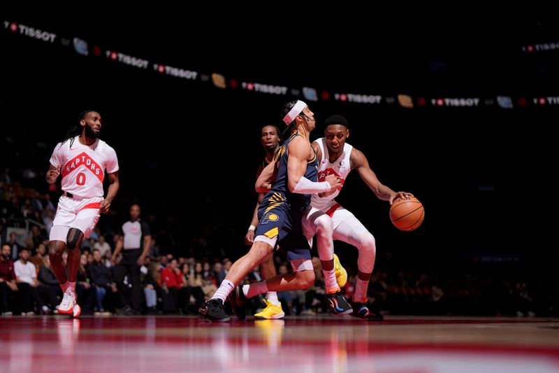 TORONTO, CANADA - APRIL 9: RJ Barrett #9 of the Toronto Raptors dribbles the ball during the game against the Indiana Pacers on April 9, 2024 at the Scotiabank Arena in Toronto, Ontario, Canada.  NOTE TO USER: User expressly acknowledges and agrees that, by downloading and or using this Photograph, user is consenting to the terms and conditions of the Getty Images License Agreement.  Mandatory Copyright Notice: Copyright 2024 NBAE (Photo by Mark Blinch/NBAE via Getty Images)