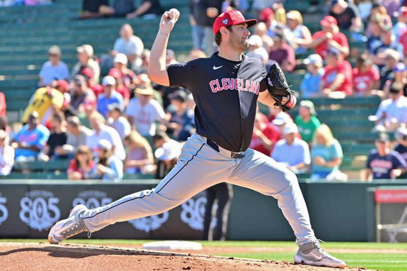 Feb 29, 2024; Tempe, Arizona, USA;  Cleveland Guardians starting pitcher Gavin Williams (32) throws in the first inning against the Los Angeles Angels during a spring training game at Tempe Diablo Stadium. Mandatory Credit: Matt Kartozian-USA TODAY Sports