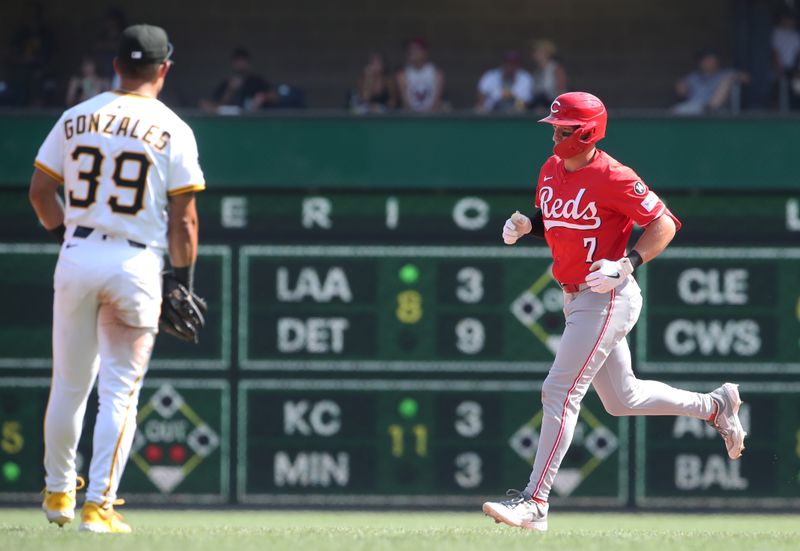 Aug 10, 2025; Pittsburgh, Pennsylvania, USA;  Cincinnati Reds first baseman Spencer Steer (7) circles the bases on a two run home run against the Pittsburgh Pirates during the eighth inning at PNC Park. Mandatory Credit: Charles LeClaire-Imagn Images