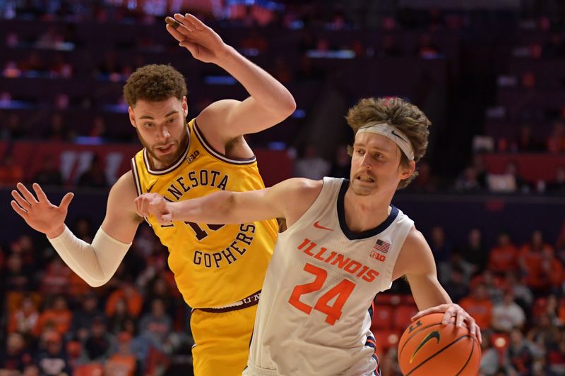 Feb 20, 2023; Champaign, Illinois, USA;  Illinois Fighting Illini forward Matthew Mayer (24) moves the ball past Minnesota Golden Gophers forward Jamison Battle (10) during the first half at State Farm Center. Mandatory Credit: Ron Johnson-USA TODAY Sports