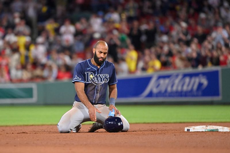 May 14, 2024; Boston, Massachusetts, USA; Tampa Bay Rays third baseman Amed Rosario (10) reacts to getting tagged out stealing second base against the Boston Red Sox during the ninth inning at Fenway Park. Mandatory Credit: Eric Canha-USA TODAY Sports