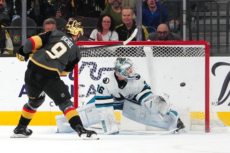 Dec 10, 2023; Las Vegas, Nevada, USA; Vegas Golden Knights center Jack Eichel (9) scores a goal against San Jose Sharks goaltender Kaapo Kahkonen (36) during a shoot out at T-Mobile Arena. Mandatory Credit: Stephen R. Sylvanie-USA TODAY Sports