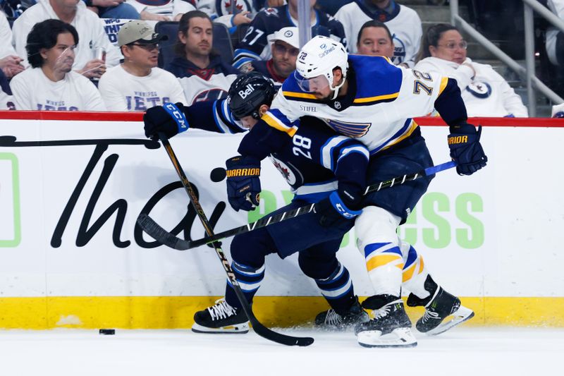 Apr 30, 2025; Winnipeg, Manitoba, CAN; St. Louis Blues defenseman Justin Faulk (72) checks Winnipeg Jets forward Jaret Anderson-Dolan (28) during the second period in game five of the first round of the 2025 Stanley Cup Playoffs at Canada Life Centre. Mandatory Credit: Terrence Lee-Imagn Images