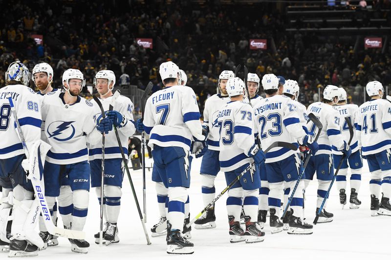 Feb 13, 2024; Boston, Massachusetts, USA;  The Tampa Bay Lightning celebrate their shootout win over the Boston Bruins at TD Garden. Mandatory Credit: Bob DeChiara-USA TODAY Sports