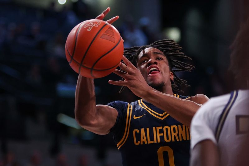 Feb 15, 2025; Atlanta, Georgia, USA; California Golden Bears guard Jeremiah Wilkinson (0) loses the ball against the Georgia Tech Yellow Jackets in the first half at McCamish Pavilion. Mandatory Credit: Brett Davis-Imagn Images