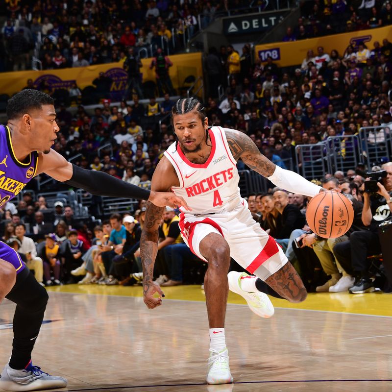 LOS ANGELES, CA - MARCH 31: Jalen Green #4 of the Houston Rockets handles the ball during the game against the Los Angeles Lakers on March 31, 2025 at Crypto.Com Arena in Los Angeles, California. NOTE TO USER: User expressly acknowledges and agrees that, by downloading and/or using this Photograph, user is consenting to the terms and conditions of the Getty Images License Agreement. Mandatory Copyright Notice: Copyright 2025 NBAE (Photo by Adam Pantozzi/NBAE via Getty Images)