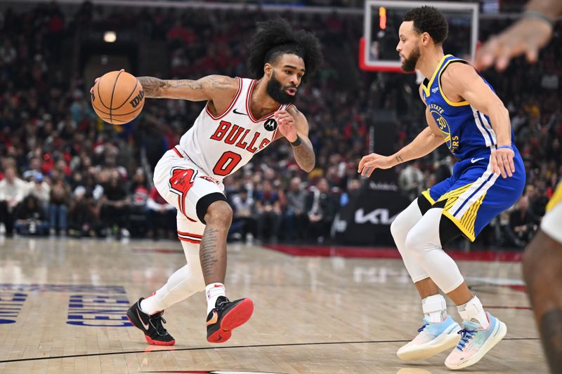 CHICAGO, ILLINOIS - JANUARY 12:  Coby White #0 of the Chicago Bulls dribbles the ball as Stephen Curry #30 of the Golden State Warriors defends in the first half on January 12, 2024 at United Center in Chicago, Illinois.   NOTE TO USER: User expressly acknowledges and agrees that, by downloading and or using this photograph, User is consenting to the terms and conditions of the Getty Images License Agreement.  (Photo by Jamie Sabau/Getty Images)