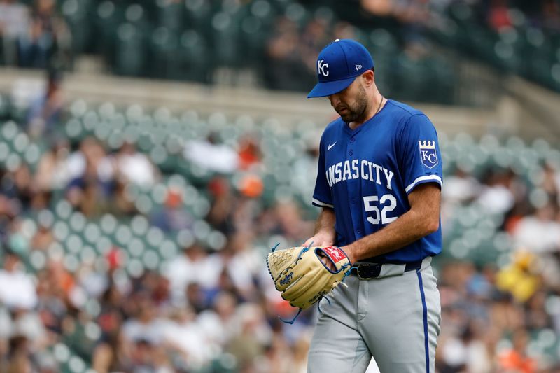 Apr 28, 2024; Detroit, Michigan, USA;  Kansas City Royals pitcher Michael Wacha (52) walks off the field after being relieved in the sixth inning against the Detroit Tigers at Comerica Park. Mandatory Credit: Rick Osentoski-USA TODAY Sports