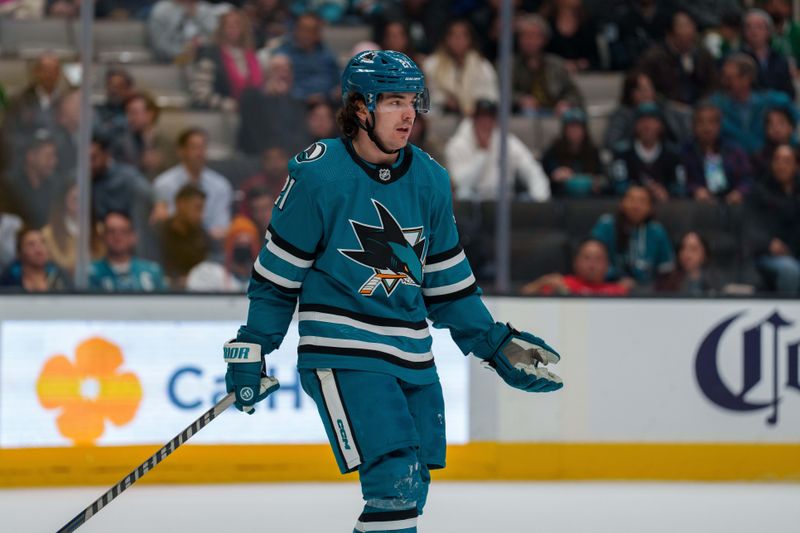 Jan 18, 2023; San Jose, California, USA; San Jose Sharks center Michael Eyssimont (21) reacts on being called for a penalty during the second period against the Dallas Stars at SAP Center at San Jose. Mandatory Credit: Neville E. Guard-USA TODAY Sports