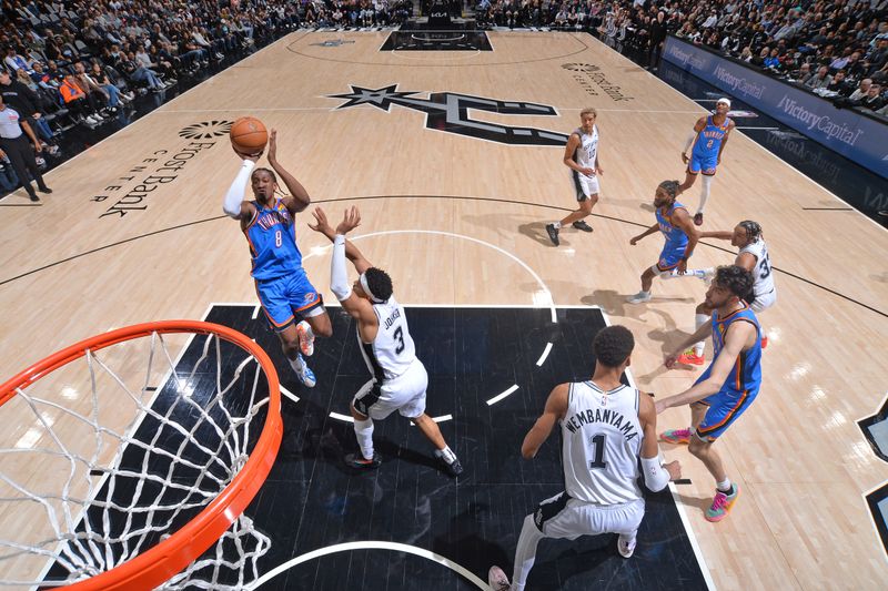 SAN ANTONIO, TX - FEBRUARY 29: Jalen Williams #8 of the Oklahoma City Thunder shoots the ball during the game against the San Antonio Spurs on February 29, 2024 at the Frost Bank Center in San Antonio, Texas. NOTE TO USER: User expressly acknowledges and agrees that, by downloading and or using this photograph, user is consenting to the terms and conditions of the Getty Images License Agreement. Mandatory Copyright Notice: Copyright 2024 NBAE (Photos by Michael Gonzales/NBAE via Getty Images)