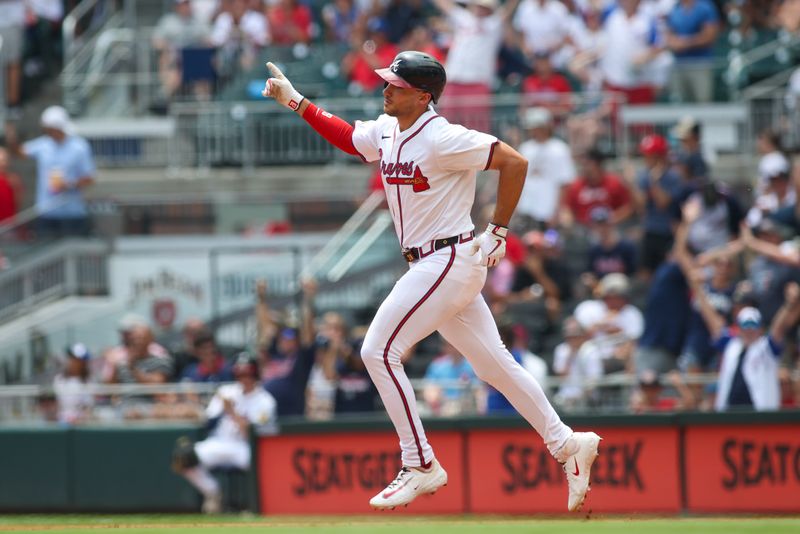 Jul 7, 2024; Atlanta, Georgia, USA; Atlanta Braves first baseman Matt Olson (28) reacts after a home run against the Philadelphia Phillies in the second inning at Truist Park. Mandatory Credit: Brett Davis-USA TODAY Sports
