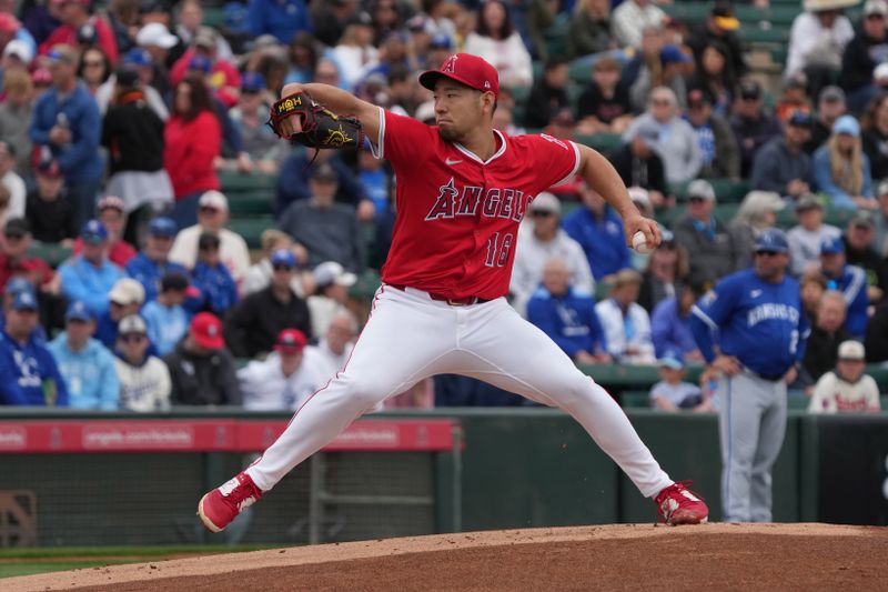 Mar 14, 2025; Tempe, Arizona, USA; Los Angeles Angels pitcher Yusei Kikuchi (16) throws against the Kansas City Royals in the first inning at Tempe Diablo Stadium. Mandatory Credit: Rick Scuteri-Imagn Images