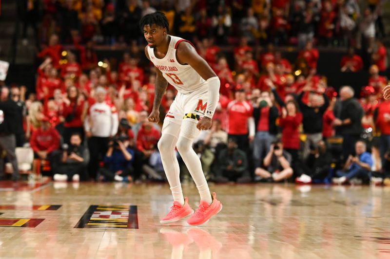 Feb 16, 2023; College Park, Maryland, USA; Maryland Terrapins guard Hakim Hart (13) drops back to defend during the second half against the Purdue Boilermakers at Xfinity Center. Maryland Terrapins defeated Purdue Boilermakers 68-54. Mandatory Credit: Tommy Gilligan-USA TODAY Sports