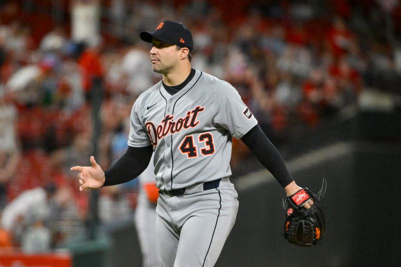 May 20, 2025; St. Louis, Missouri, USA;  Detroit Tigers relief pitcher Tommy Kahnle (43) reacts after the Tigers defeated the St. Louis Cardinals at Busch Stadium. Mandatory Credit: Jeff Curry-Imagn Images