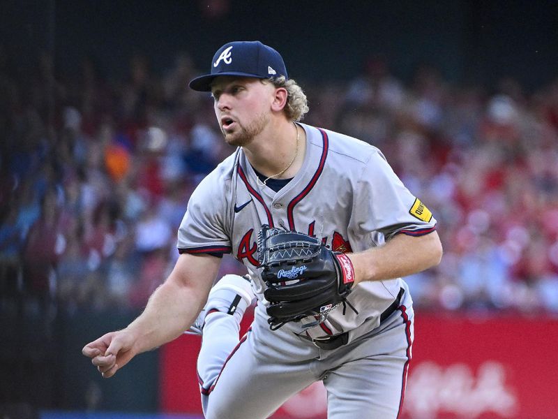 Jun 24, 2024; St. Louis, Missouri, USA;  Atlanta Braves starting pitcher Spencer Schwellenbach (56) pitches against the St. Louis Cardinals during the first inning at Busch Stadium. Mandatory Credit: Jeff Curry-USA TODAY Sports