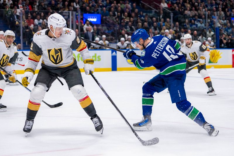 Apr 8, 2024; Vancouver, British Columbia, CAN; Vancouver Canucks forward Elias Pettersson (40) shoots around Vegas Golden Knights defenseman Zach Whitecloud (2) in the third period at Rogers Arena. Canucks won 4 -3. Mandatory Credit: Bob Frid-USA TODAY Sports