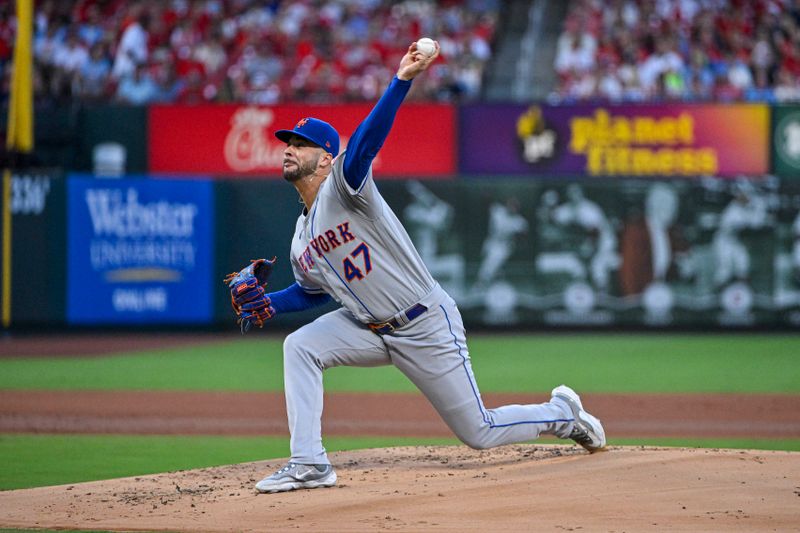 Aug 18, 2023; St. Louis, Missouri, USA;  New York Mets starting pitcher Joey Lucchesi (47) pitched against the St. Louis Cardinals during the first inning at Busch Stadium. Mandatory Credit: Jeff Curry-USA TODAY Sports