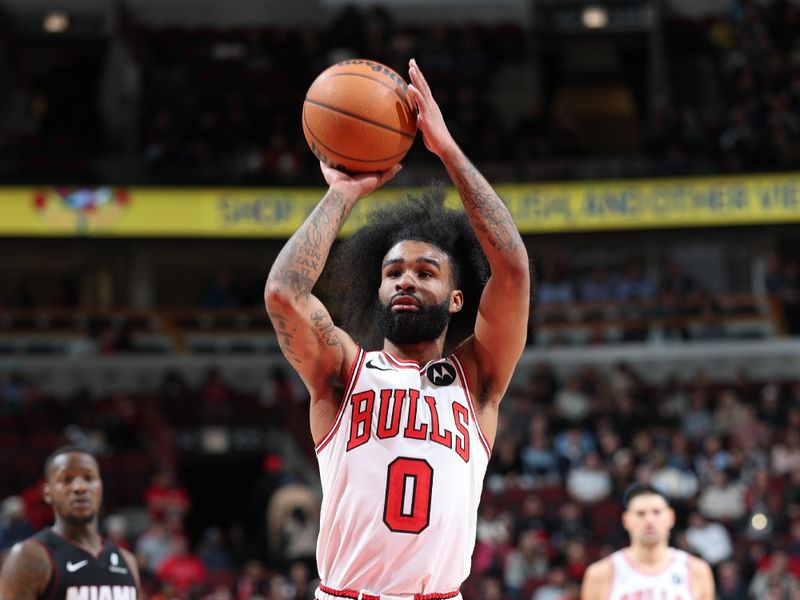 CHICAGO, IL - FEBRUARY 4:  Coby White #0 of the Chicago Bulls shoots a free throw during the game against the Miami Heat on February 4 2025 at United Center in Chicago, Illinois. NOTE TO USER: User expressly acknowledges and agrees that, by downloading and or using this photograph, User is consenting to the terms and conditions of the Getty Images License Agreement. Mandatory Copyright Notice: Copyright 2025 NBAE (Photo by Jeff Haynes/NBAE via Getty Images)