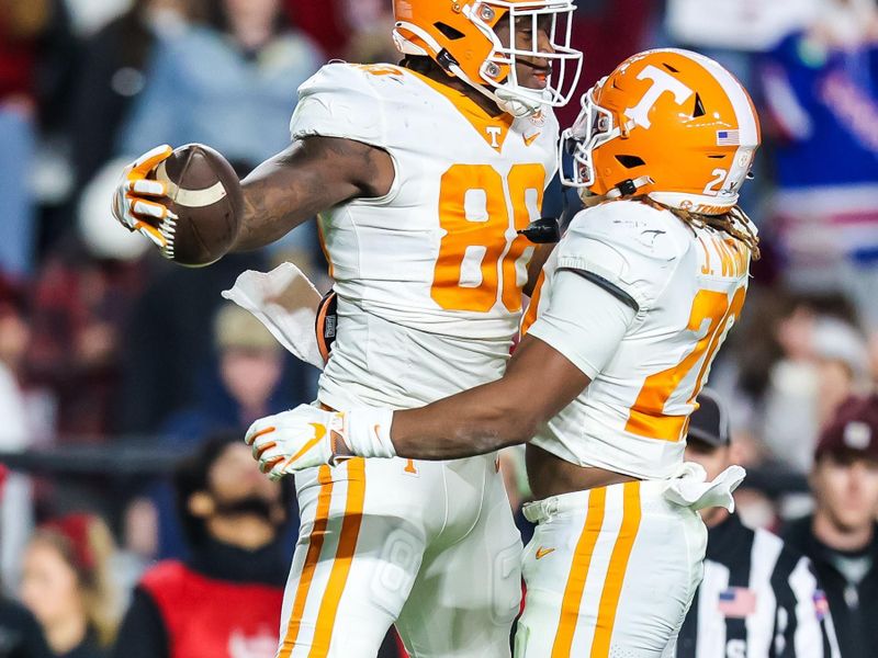 Nov 19, 2022; Columbia, South Carolina, USA; Tennessee Volunteers tight end Princeton Fant (88) celebrates with running back Jaylen Wright (20) after scoring a touchdown against the South Carolina Gamecocks in the second half at Williams-Brice Stadium. Mandatory Credit: Jeff Blake-USA TODAY Sports