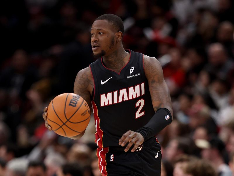 CHICAGO, ILLINOIS - FEBRUARY 04: Terry Rozier #2 of the Miami Heat in action against the Chicago Bulls at the United Center on February 04, 2025 in Chicago, Illinois. NOTE TO USER: User expressly acknowledges and agrees that, by downloading and or using this photograph, user is consenting to the terms and conditions of the Getty Images License Agreement.  (Photo by Luke Hales/Getty Images)