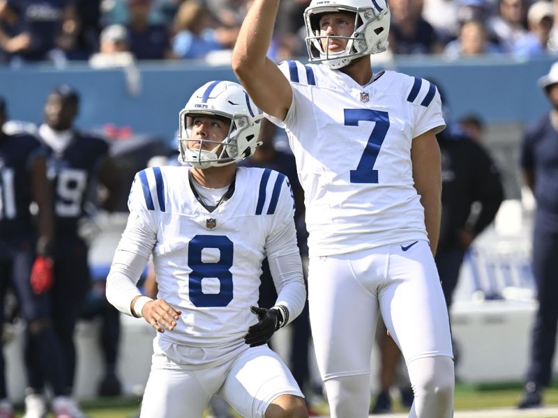 Indianapolis Colts place kicker Matt Gay (7) watches as he kicks a field goal during the first half of an NFL football game against the Tennessee Titans, Sunday, Oct. 13, 2024, in Nashville, Tenn. (AP Photo/John Amis)