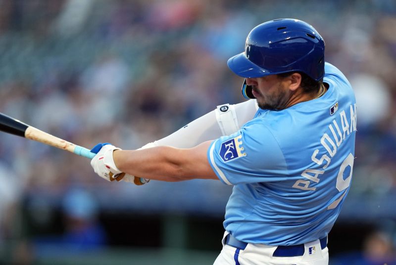 Mar 5, 2024; Surprise, Arizona, USA; Kansas City Royals first baseman Vinnie Pasquantino (9) bats against the Chicago Cubs during the first inning at Surprise Stadium. Mandatory Credit: Joe Camporeale-USA TODAY Sports