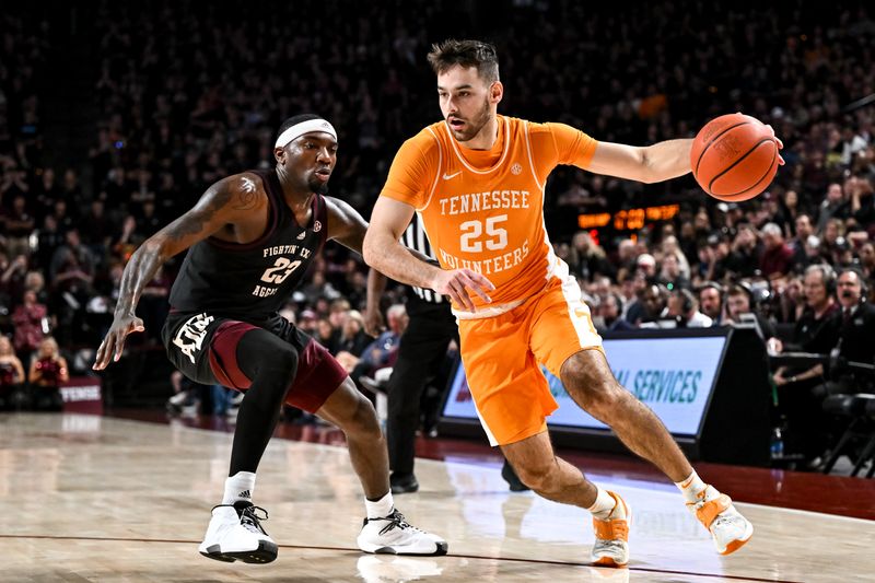 Feb 21, 2023; College Station, Texas, USA;  Tennessee Volunteers guard Santiago Vescovi (25) controls the ball against Texas A&M Aggies guard Tyrece Radford (23) during the first half at Reed Arena. Mandatory Credit: Maria Lysaker-USA TODAY Sports