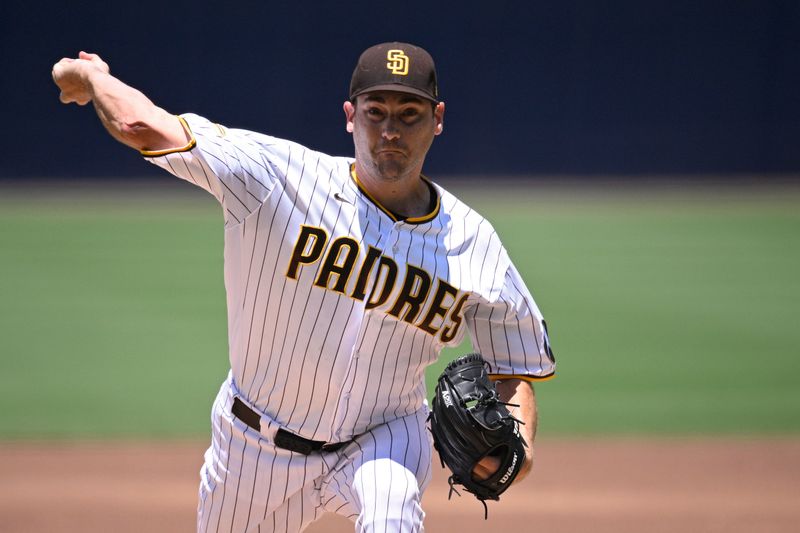 Jul 26, 2023; San Diego, California, USA; San Diego Padres starting pitcher Seth Lugo (67) throws a pitch against the Pittsburgh Pirates during the first inning at Petco Park. Mandatory Credit: Orlando Ramirez-USA TODAY Sports