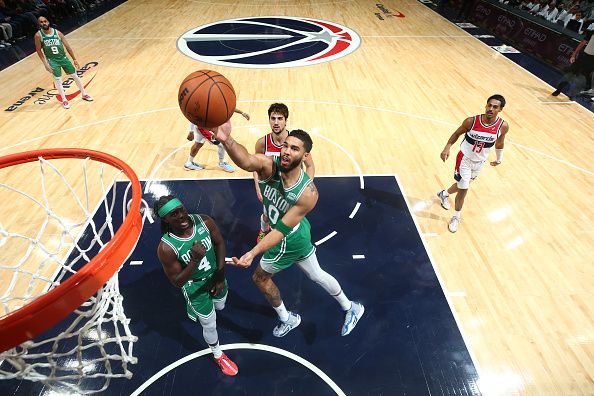 WASHINGTON, DC -? OCTOBER 30: Jayson Tatum #0 of the Boston Celtics shoots the ball during the game against the Washington Wizards on October 30, 2023 at Capital One Arena in Washington, DC. NOTE TO USER: User expressly acknowledges and agrees that, by downloading and or using this Photograph, user is consenting to the terms and conditions of the Getty Images License Agreement. Mandatory Copyright Notice: Copyright 2023 NBAE (Photo by Stephen Gosling/NBAE via Getty Images)