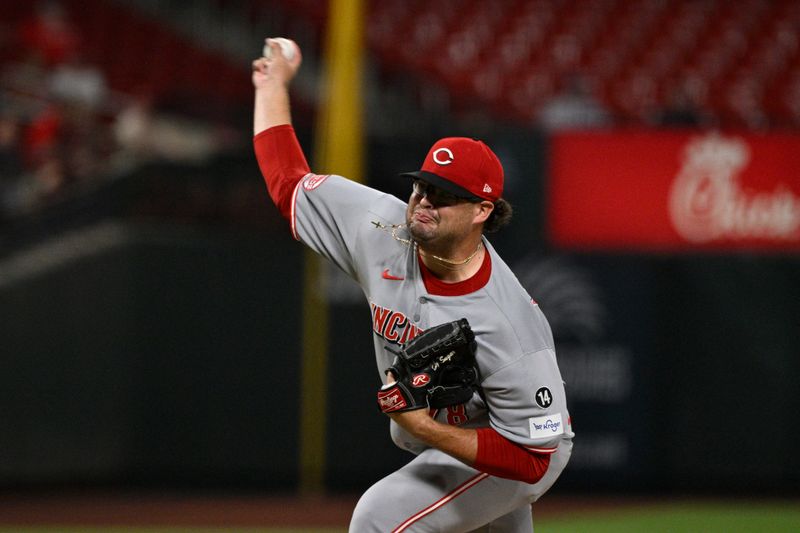 Sep 16, 2025; St. Louis, Missouri, USA; Cincinnati Reds relief pitcher Zach Maxwell (78) pitches against the St. Louis Cardinals in the seventh inning at Busch Stadium. Mandatory Credit: Joe Puetz-Imagn Images