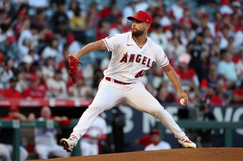 Sep 6, 2023; Anaheim, California, USA;  Los Angeles Angels starting pitcher Patrick Sandoval (43) pitches during the first inning against the Baltimore Orioles at Angel Stadium. Mandatory Credit: Kiyoshi Mio-USA TODAY Sports