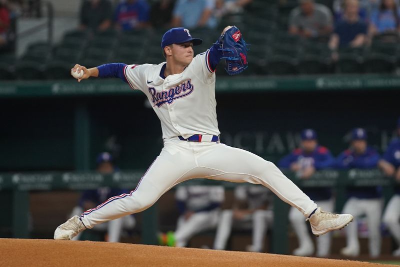 May 13, 2025; Arlington, Texas, USA; Texas Rangers pitcher Jack Leiter (35) throws to the plate during the first inning against the Colorado Rockies at Globe Life Field. Mandatory Credit: Raymond Carlin III-Imagn Images