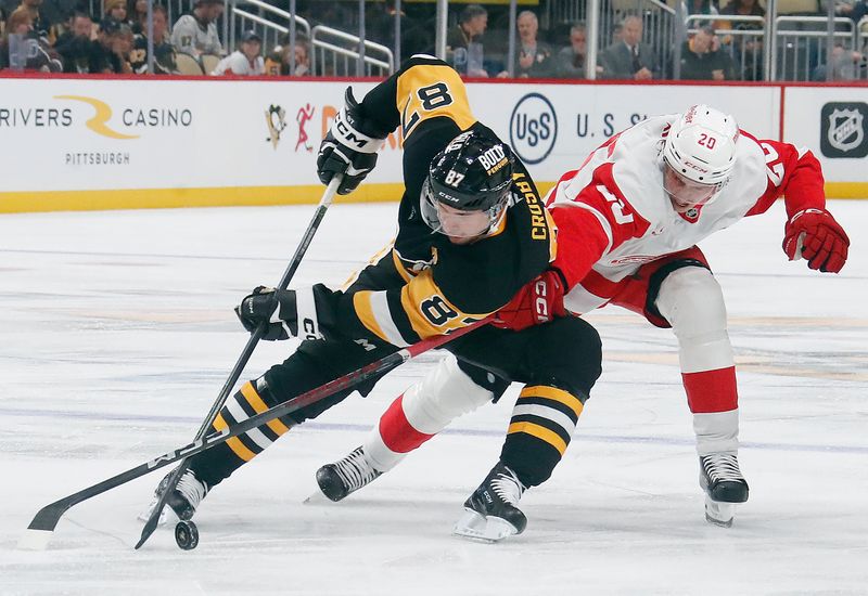 Oct 1, 2024; Pittsburgh, Pennsylvania, USA;  Pittsburgh Penguins center Sidney Crosby (87) handles the puck against pressure from Detroit Red Wings defenseman Albert Johansson (20) during the third period at PPG Paints Arena. Detroit won 2-1. Mandatory Credit: Charles LeClaire-Imagn Images