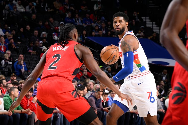 PHILADELPHIA, PA - FEBRUARY 11:  Paul George #8 of the Philadelphia 76ers dribbles the ball during the game against the Toronto Raptors on February 11, 2025 at the Wells Fargo Center in Philadelphia, Pennsylvania NOTE TO USER: User expressly acknowledges and agrees that, by downloading and/or using this Photograph, user is consenting to the terms and conditions of the Getty Images License Agreement. Mandatory Copyright Notice: Copyright 2025 NBAE (Photo by David Dow/NBAE via Getty Images)