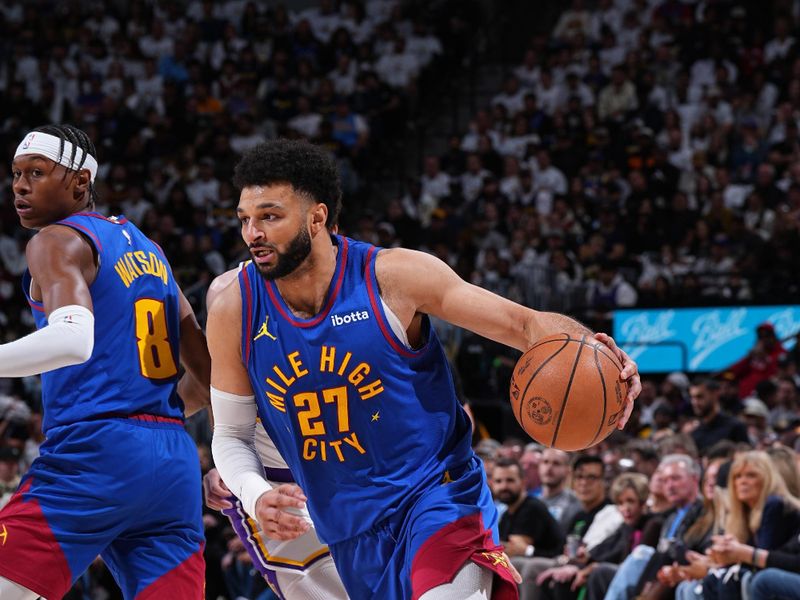 DENVER, CO - APRIL 20: Jamal Murray #27 of the Denver Nuggets dribbles the ball during the game against the Los Angeles Lakers during Round 1 Game 1 of the 2024 NBA Playoffs on April 20, 2024 at the Ball Arena in Denver, Colorado. NOTE TO USER: User expressly acknowledges and agrees that, by downloading and/or using this Photograph, user is consenting to the terms and conditions of the Getty Images License Agreement. Mandatory Copyright Notice: Copyright 2024 NBAE (Photo by Garrett Ellwood/NBAE via Getty Images)