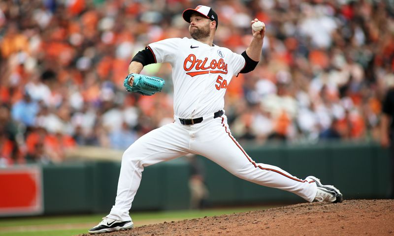 Jun 2, 2024; Baltimore, Maryland, USA; Baltimore Orioles pitcher Danny Coulombe (54) throws during the eighth inning against the Tampa Bay Rays at Oriole Park at Camden Yards. Mandatory Credit: Daniel Kucin Jr.-USA TODAY Sports