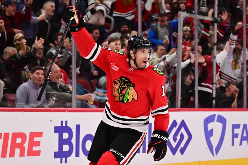 Nov 21, 2024; Chicago, Illinois, USA; Chicago Blackhawks center Craig Smith (15) celebrates his goal against the Florida Panthers during the second period at the United Center. Mandatory Credit: Daniel Bartel-Imagn Images