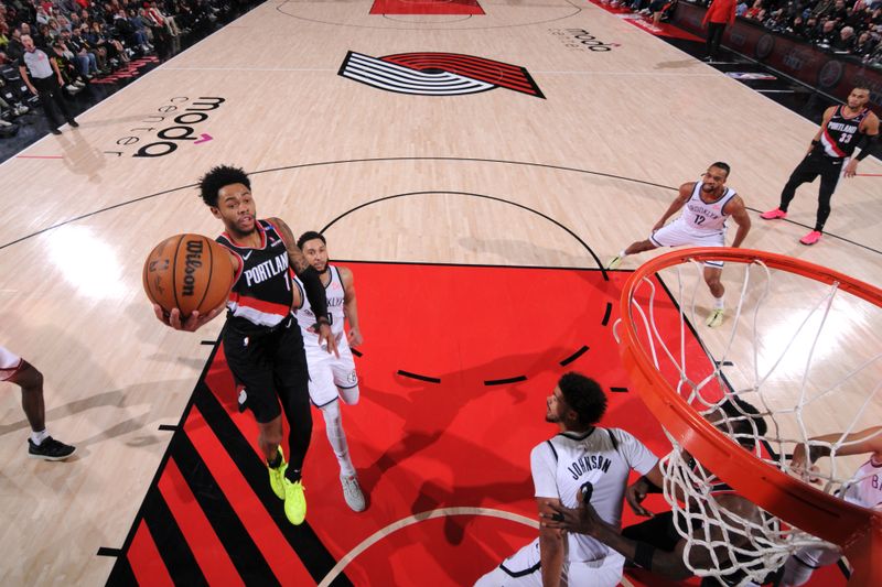 PORTLAND, OR - JANUARY 14: Anfernee Simons #1 of the Portland Trail Blazers drives to the basket during the game against the Brooklyn Nets on January 14, 2025 at the Moda Center Arena in Portland, Oregon. NOTE TO USER: User expressly acknowledges and agrees that, by downloading and or using this photograph, user is consenting to the terms and conditions of the Getty Images License Agreement. Mandatory Copyright Notice: Copyright 2025 NBAE (Photo by Cameron Browne/NBAE via Getty Images)