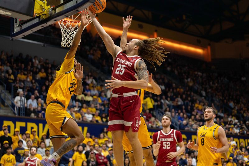 Feb 21, 2026; Berkeley, California, USA;  Stanford Cardinal guard Jeremy Dent-Smith (25) drives to the net and is fouled by California Golden Bears forward Chris Bell (22) during the first half at Haas Pavilion. Mandatory Credit: Neville E. Guard-Imagn Images