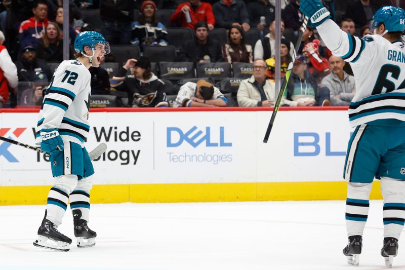 Dec 3, 2024; Washington, District of Columbia, USA; San Jose Sharks left wing William Eklund (72) celebrates after scoring the game-winning goal against the Washington Capitals in overtime at Capital One Arena. Mandatory Credit: Geoff Burke-Imagn Images