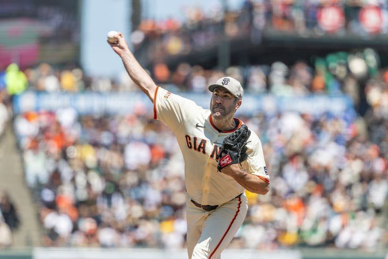May 18, 2025; San Francisco, California, USA; San Francisco Giants pitcher Justin Verlander (35) throws a pitch during the fourth inning against the Oakland Athletics at Oracle Park. Mandatory Credit: Bob Kupbens-Imagn Images